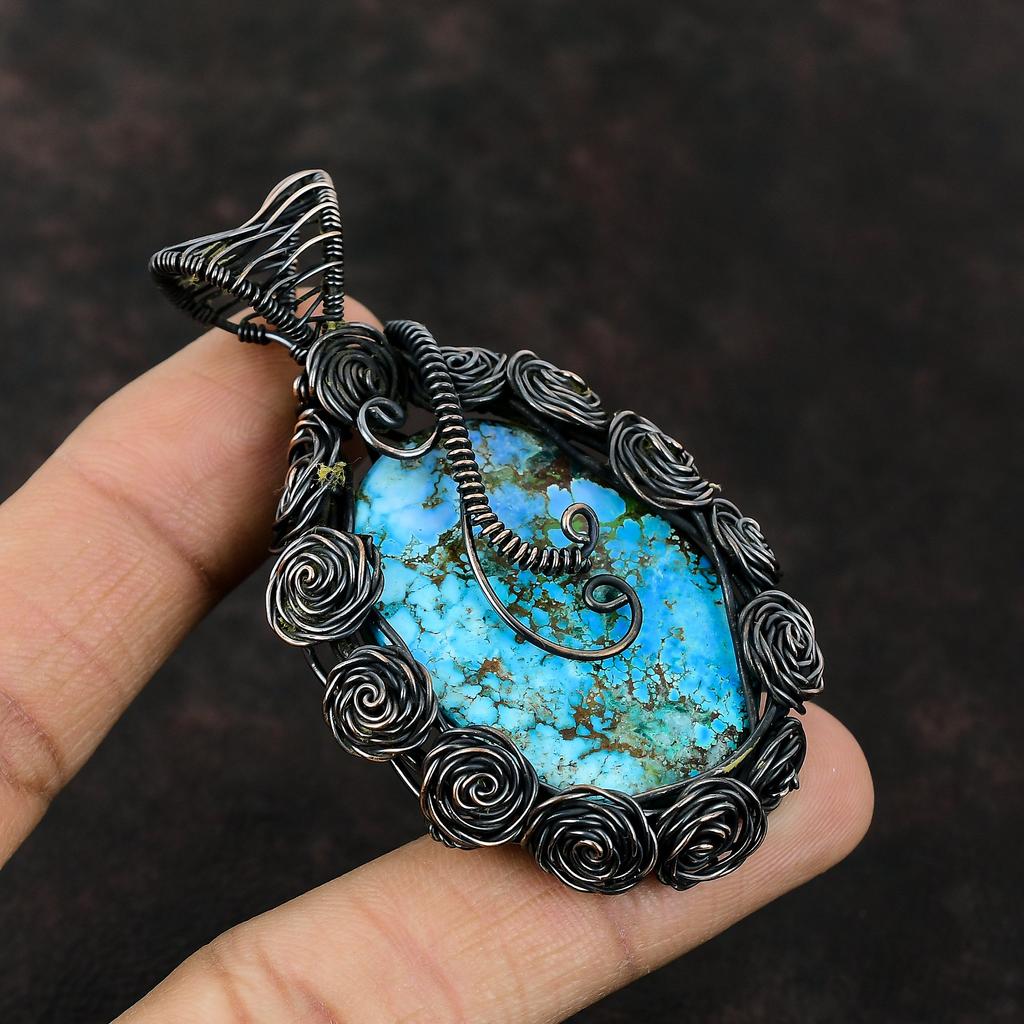 Tibetan Turquoise Pendant Copper Wire Wrapped Pendant Tibetan Turquoise Gemstone Jewelry Handmade Women Pendant Copper Wire Jewelry For Gift