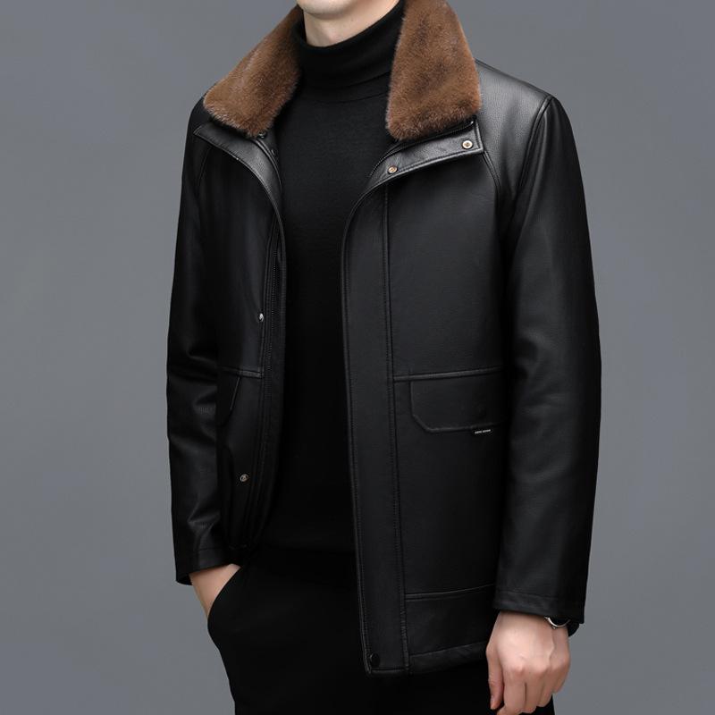 Мужская куртка из натуральной кожи, мужская зимняя куртка из бархата с меховой отделкой, новый стиль, утолщенная кожаная куртка для людей среднего и пожилого возраста, модная куртка