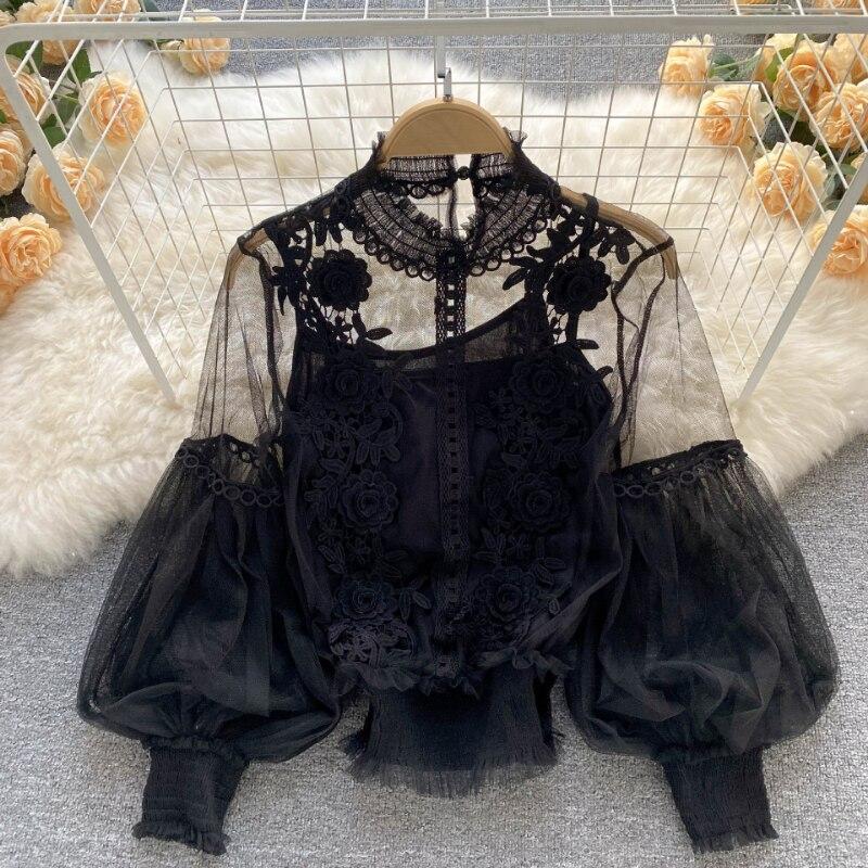 Elegant Floral Mesh Long Sleeve Short Blouse Sweet Women Lantern Sleeve Lace Shirts Ladies See Through Mesh Blouse Tops 25914