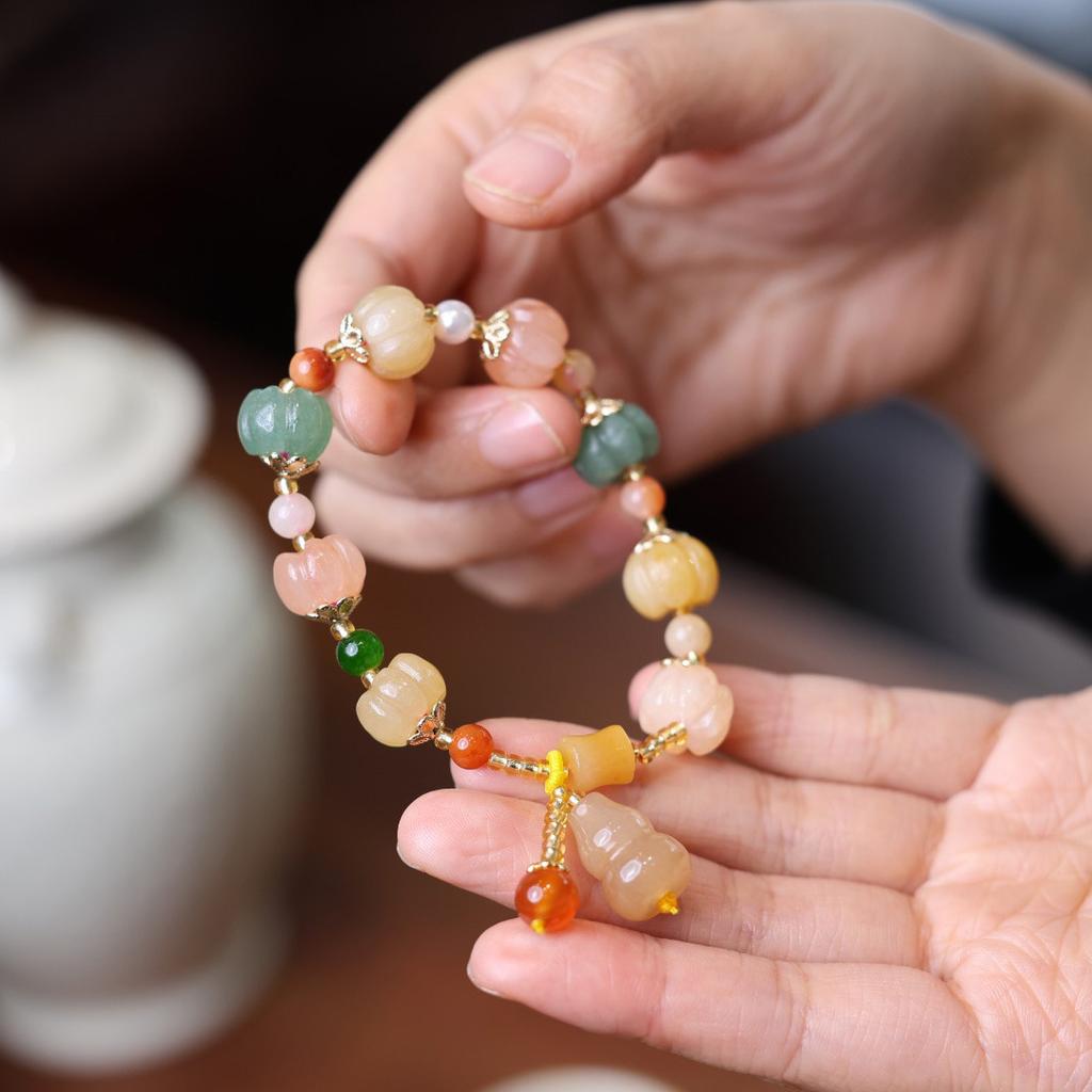 Браслет из чистого натурального нефрита, браслет в парном стиле, бусины в этническом стиле, бамбуковые шарниры, висячие тыквы, браслет из желтого нефрита, ювелирное изделие, подарок