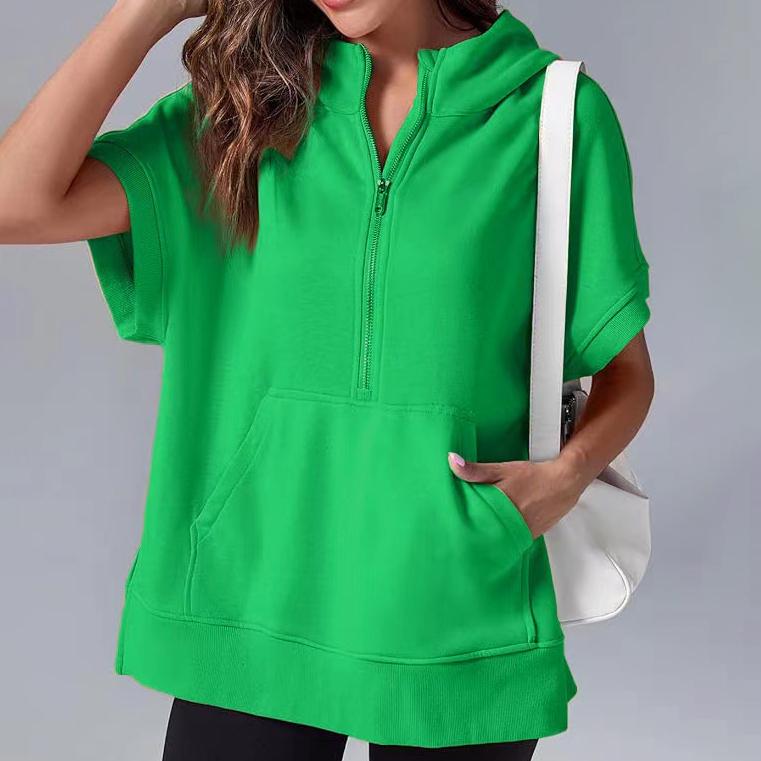 Весенняя женская однотонная модная повседневная толстовка с капюшоном и коротким рукавом