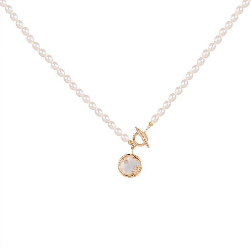 Freshwater Pearl Necklace Women'S Copper Micro-Inlaid Shell Starry Sky Design Sense Ot Buckle Collarbone Chain Rice Grain Pearl Pendant Neck Chain