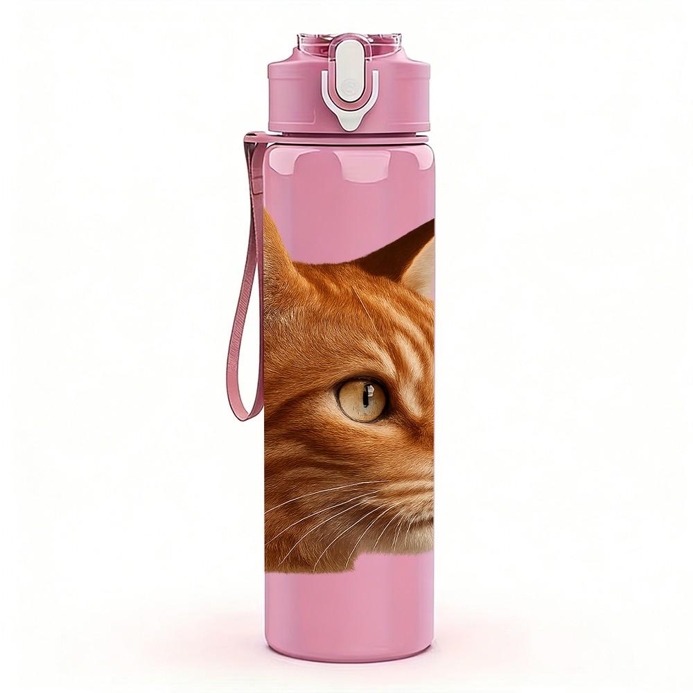 1PC Orange Tabby Cat Face 750ml Color Plastic Sports Water Bottle Leakproof Flip Straw Lid Suitable for Sports Office Home Use