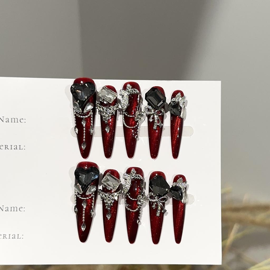 Красные накладные ногти ручной работы со стразами, длинные стилеты, многоразовые акриловые накладные ногти, полное покрытие, клей для ногтей, самоклеящиеся ногти для женщин