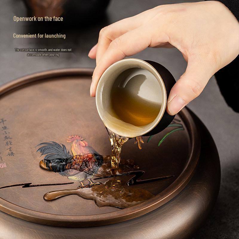 Hand-Painted Retro Bronze Round Tea Tray with Rooster Design