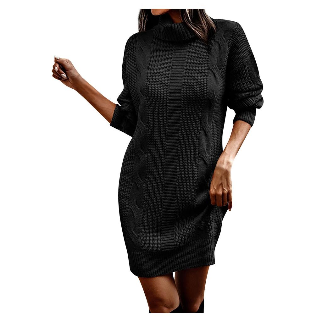 Women's Fashion Autumn/winter Solid Color High Collar Long Sleeve Wrap Hip Sweater Dress