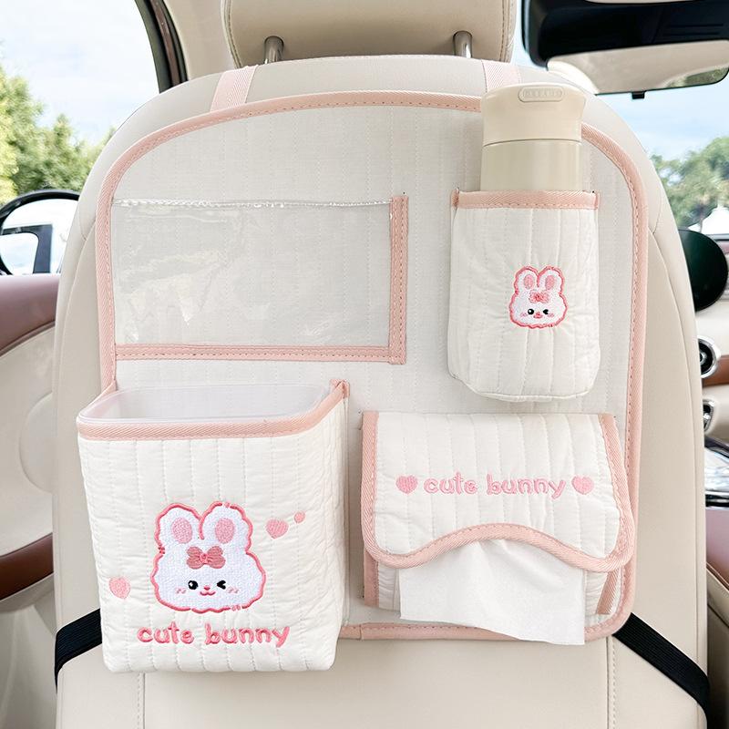 Cartoon Car Back Seat Organizer Fabric Multifunctional Large Capacity Cute Car Trash Bin Tissue Box