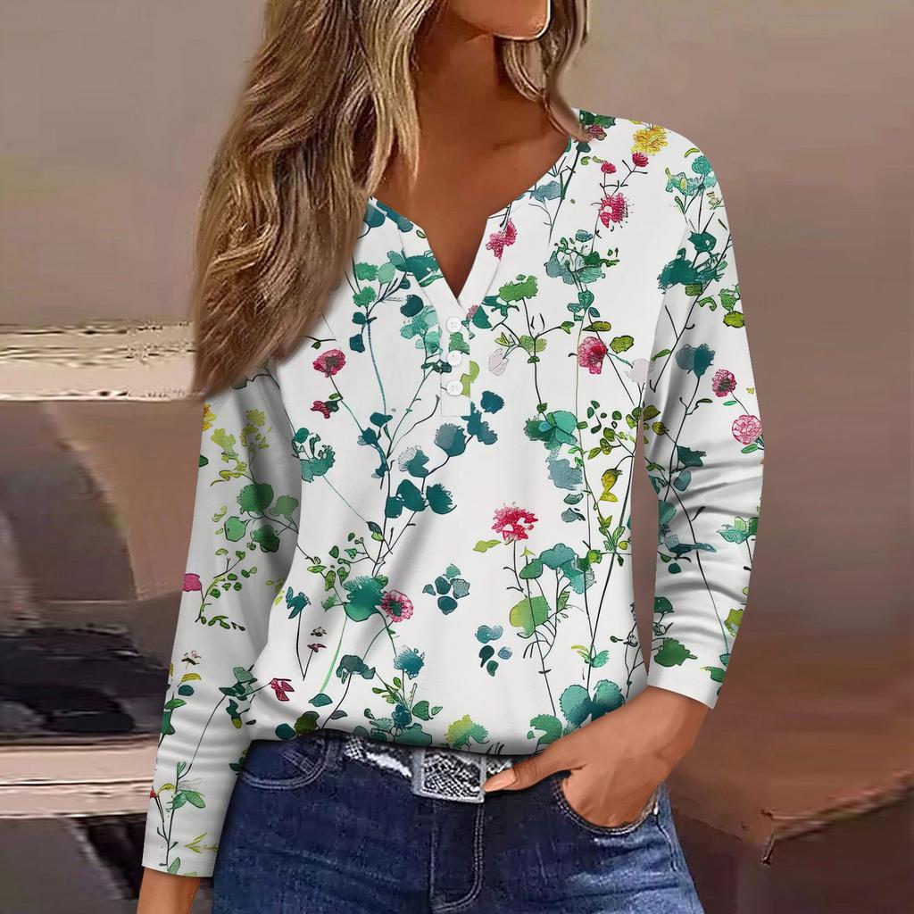 Жен. Футболка Футболка Пуговицы Цветочный принт Длинный рукав Повседневные Выходные Мода Классический Классический V-образный вырез Обычный Топ
