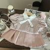 2025 Комплект для девочек в корейском академическом стиле: клетчатая рубашка и розовая плиссированная юбка-шорты