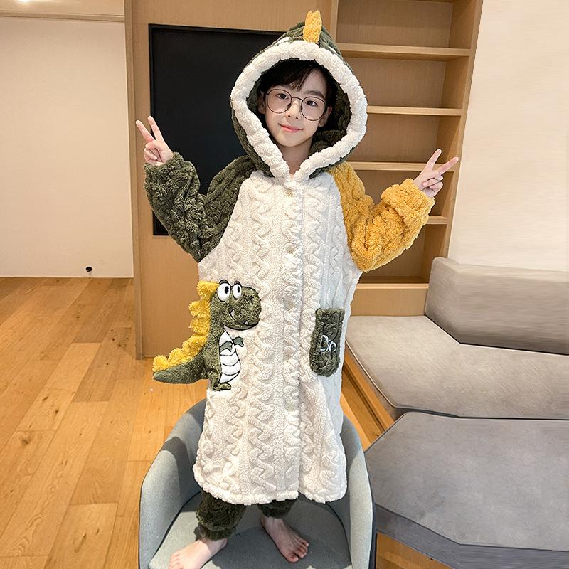 Kids Flannel Pajamas Set Boys Girls Warm Long Sleeve Top And Pants Sleepwear Winter Home Nightwear