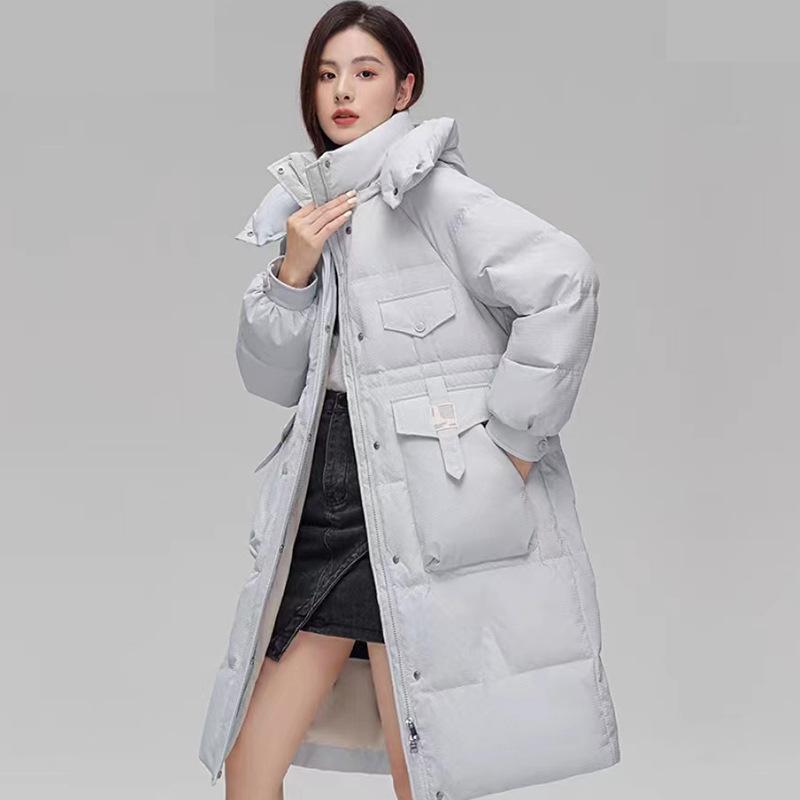 Текстурная длинная куртка-пуховик женская зимняя 2024 года, новая мода с капюшоном, теплая белая куртка на утином пуху до колена