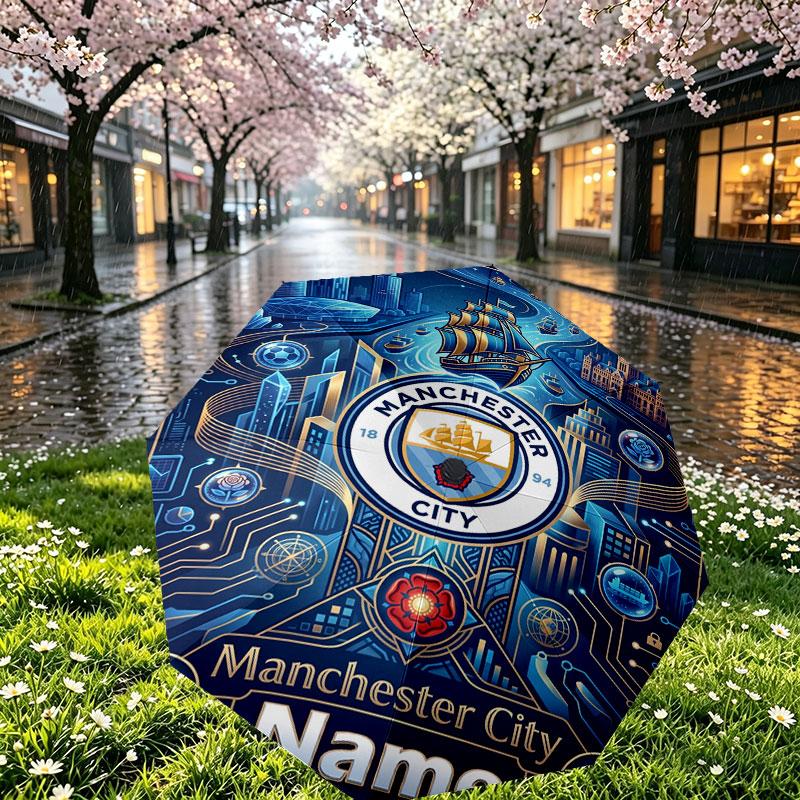 Custom Name Personalized Manchester City Print Umbrella, Auto Open Close, 8‑Rib Sturdy Frame, Commute Camping Hiking Use, Birthday Gift