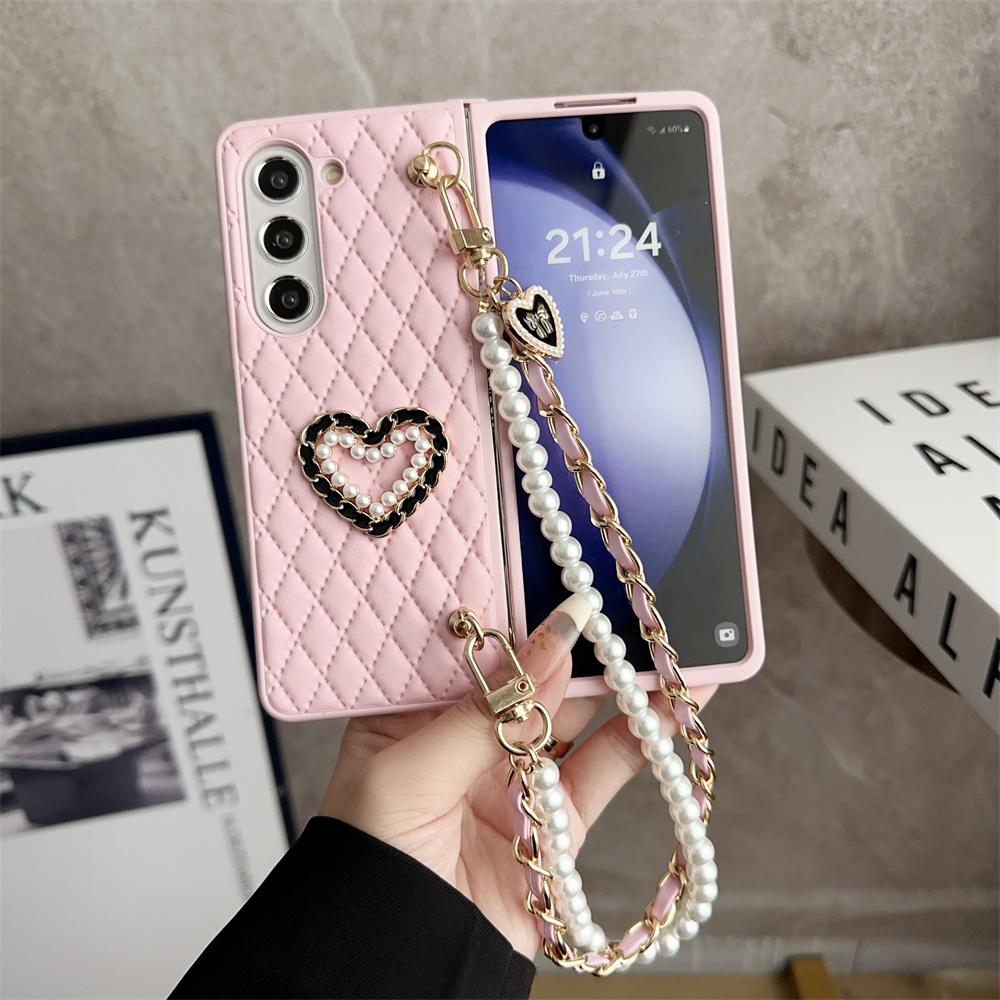 Leather Love Heart Hand Chain Case For Samsung Z Fold 5 4 3 Pearl Cover For Galaxy Z fold 4 z fold3 Soft Shockroof Case