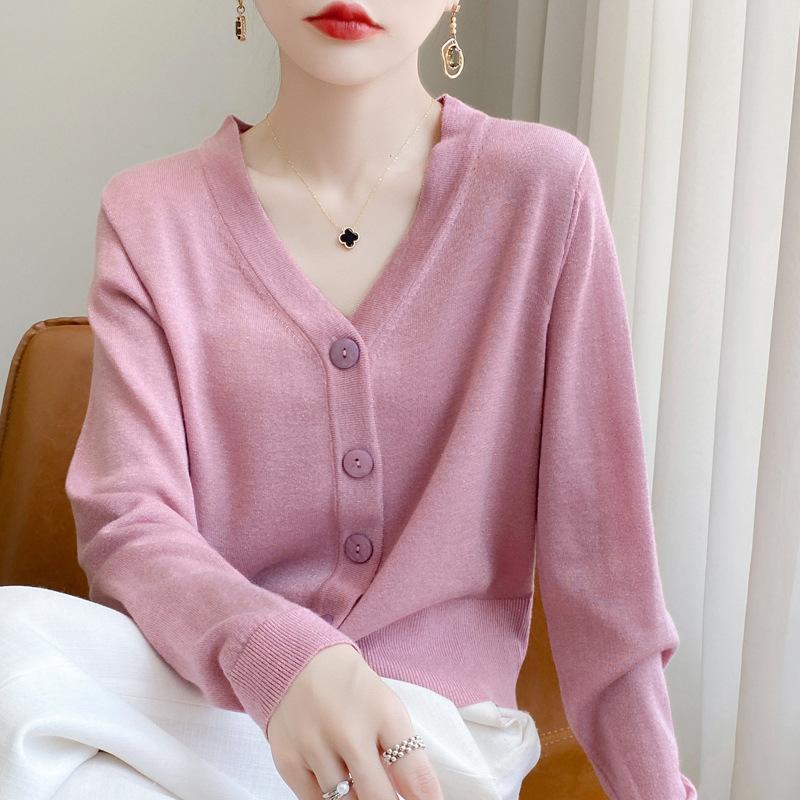 Весенне-осенний женский трикотаж, короткий свободный вязаный кардиган с длинными рукавами и v-образным вырезом, однотонная пряжка