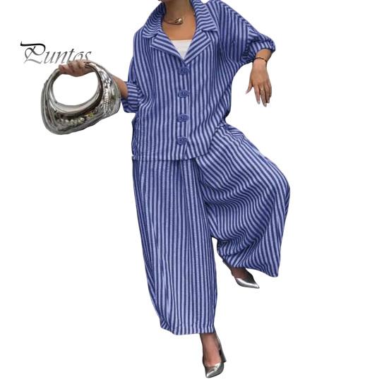 Women's Casual Suit Long-Sleeved Shirt Top Wide-Leg Harem Pant 2-piece Set Autumn Lapel Striped Nine-Point Pant Female Outfit Suit
