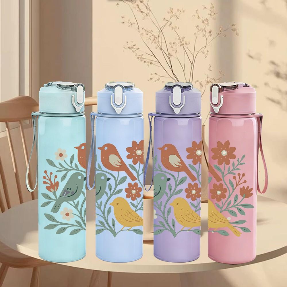 1PC Twin Floral Songbirds 750ml Color Plastic Sports Water Bottle Leakproof Flip Straw Lid Suitable for Sports Office Home Use