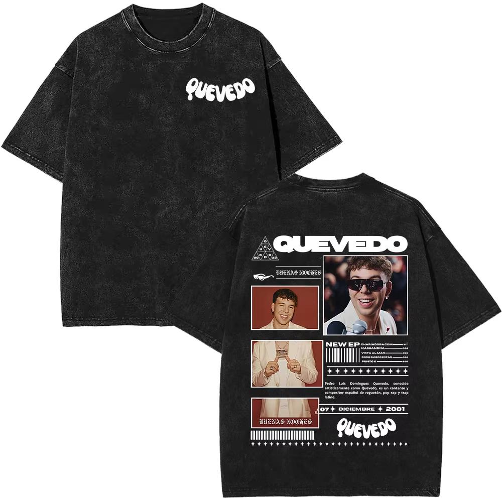 Rapper Quevedo Buenas Noches Vintage Washed T Shirt Mens High Quality Short Sleeve Tshirts Fashion Oversized Harajuku Tshirts