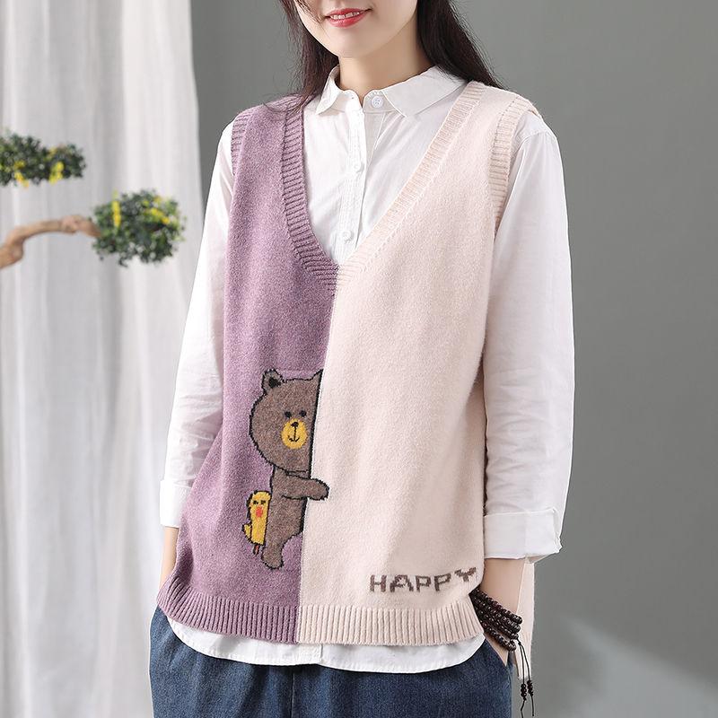 Весенне-осенний женский новый стильный вязаный жилет в стиле ретро с медведем, женский свободный повседневный свитер с v-образным вырезом и топом