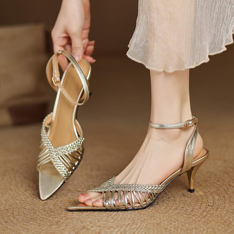 Krazing Pot Gladiator Straw Weaving Mules Summer Size 42 Wedding Party Stiletto Med Heels Women Women Peep Toe Sandals