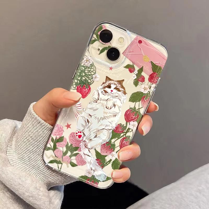 Корейский Чехол для Телефона с Рисунком Кота и Клубничным Цветком Для Samsung Galaxy A14 A15 S21 S22 S23 S24 FE Plus Ultra A25 A35 A52 A53 A54 A55