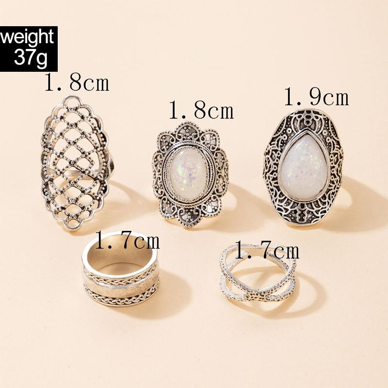 Богемный набор колец с инкрустацией из белого камня для женщин, винтажные металлические кольца серебряного цвета с резьбой и цветочным узором, модные ювелирные изделия