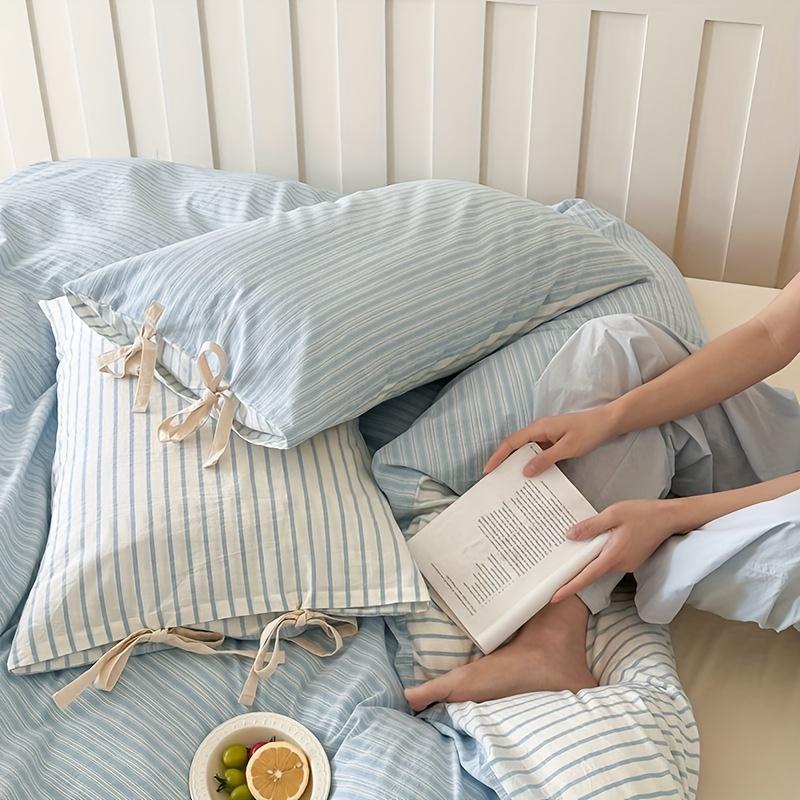 2 шт., Пара наволочек из 100% хлопка с бантом, Стандартный размер A, Светло-бежевый, Комфорт, приятный к коже, В полоску с бантом для декора, Подходит для гостиной