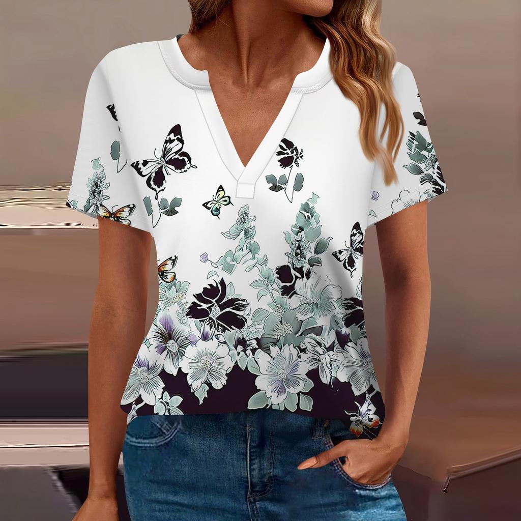Women's T Shirt Tee Printed Short Sleeve Daily Weekend Fashion Basic V Neck Regular Top