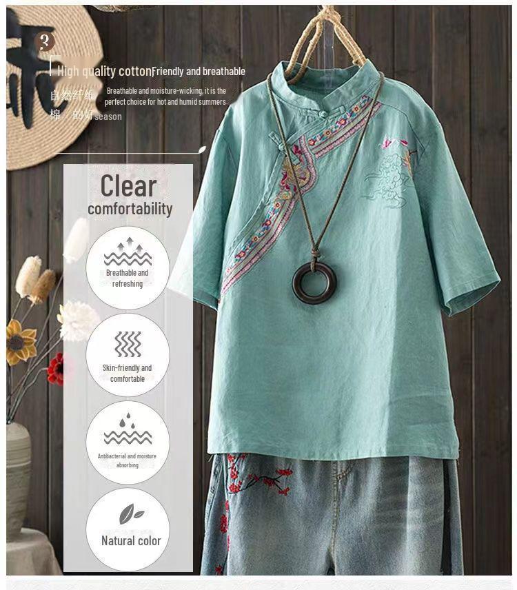 Летняя женская рубашка в национальном стиле с вышивкой из хлопка и льна с коротким рукавом в стиле ретро