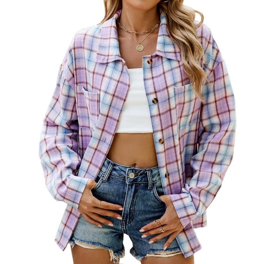 Autumn Winter Thick Long Shirts Lapel Long Sleeve Pocket Button Checkered Shirt Casual Plaid Blouse Jacket Top for Women