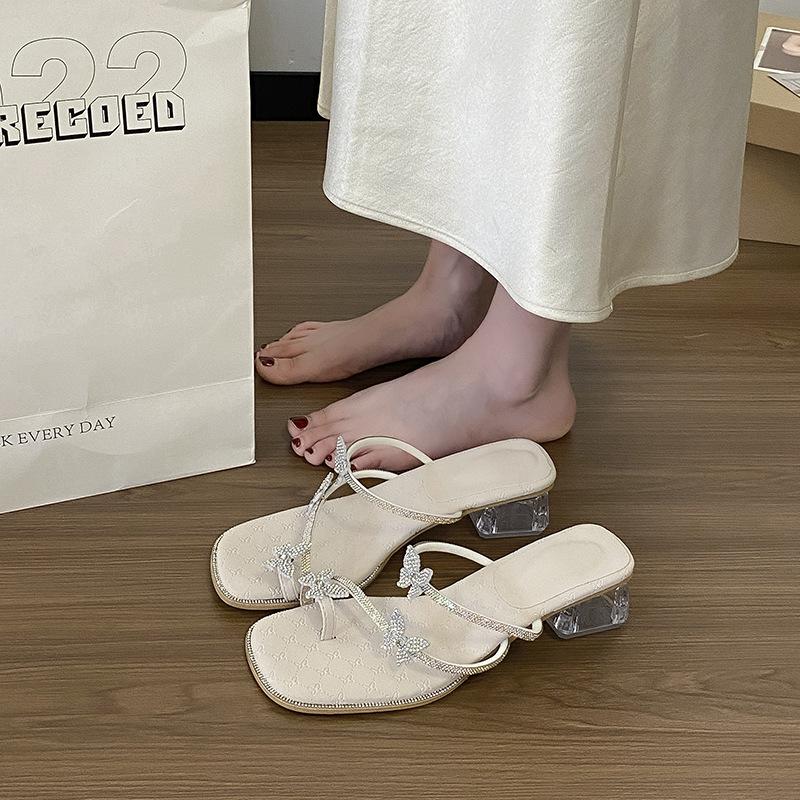 Casual Wind and Water Diamond Butterfly Sandals Women's Summer New Fashionable Versatile Transparent Thick Heel Cool Slippers