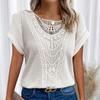 Women's Clothing Lace Splicing Crew Neck T-shirt Casual Short Sleeve Top for Spring and Summer
