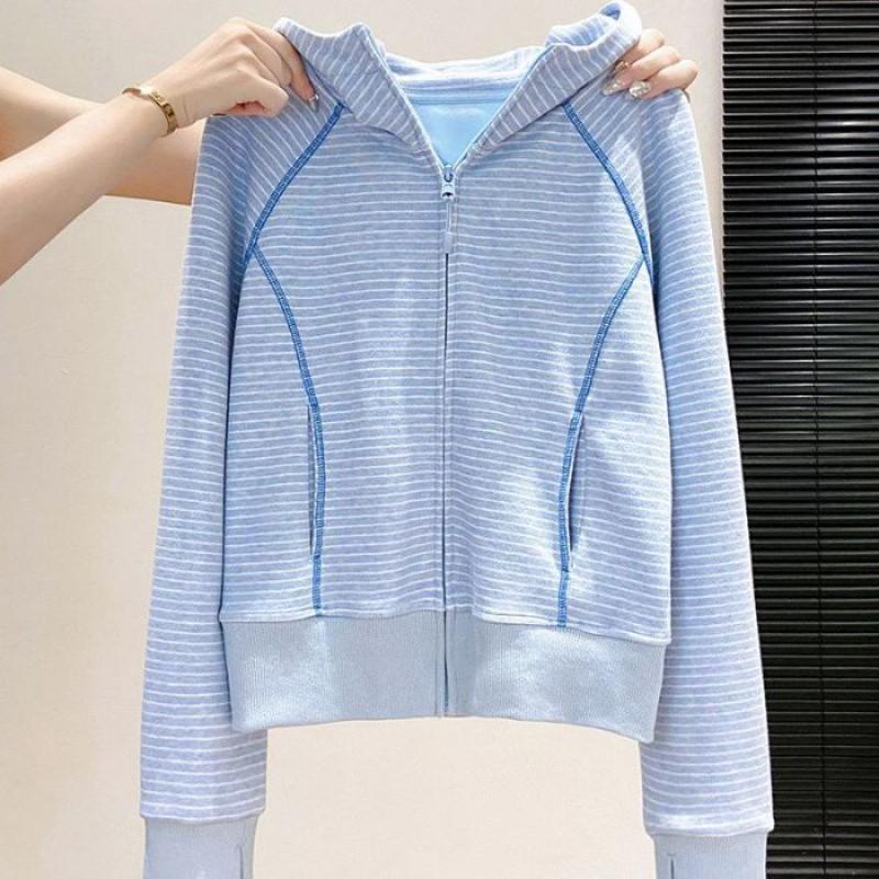 Womens Striped Hooded Sweatshirt Contrast Color Casual Loose Fit Early Outerwear