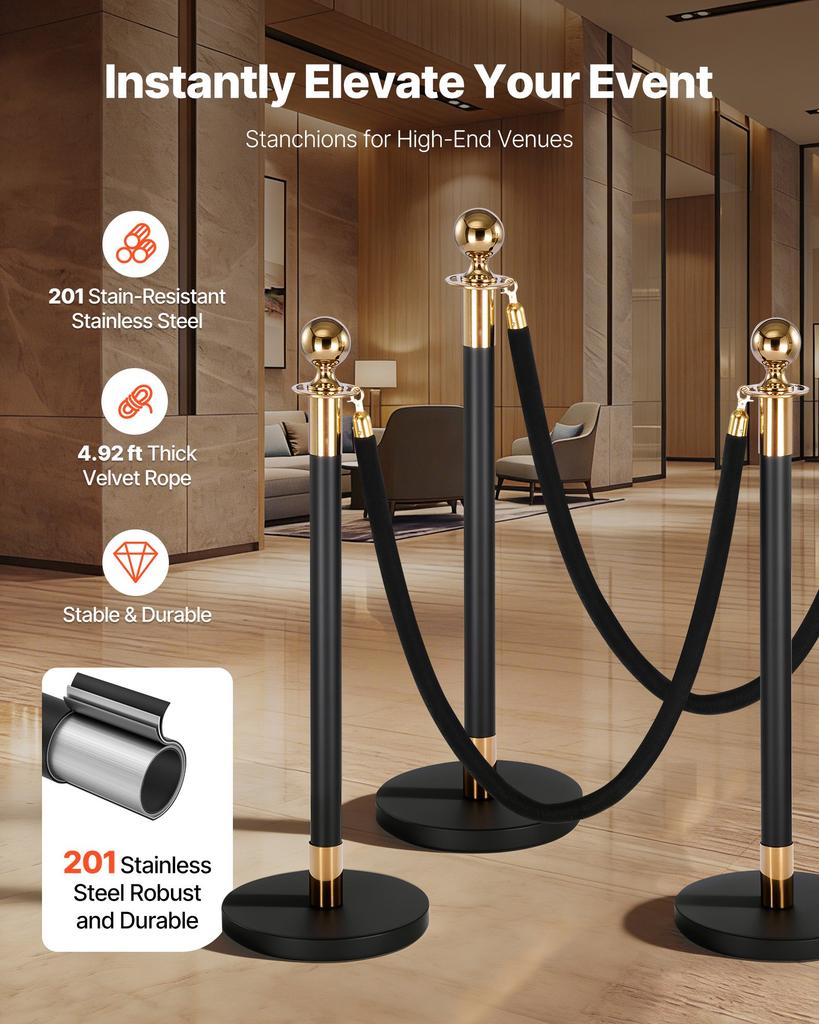 VEVOR Stanchion Post, 4 Pcs Crowd Control Barrier Set with 2 Black Velvet Ropes