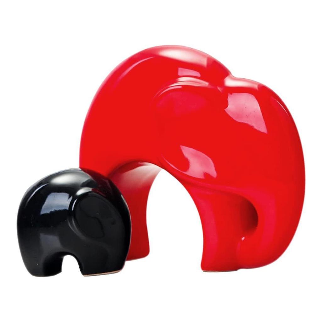 Home Décor Lucky Charm Elephant Mother & Child | Piano Finish Ceramic Figures - (Set of 2 Piece, Red and Black)