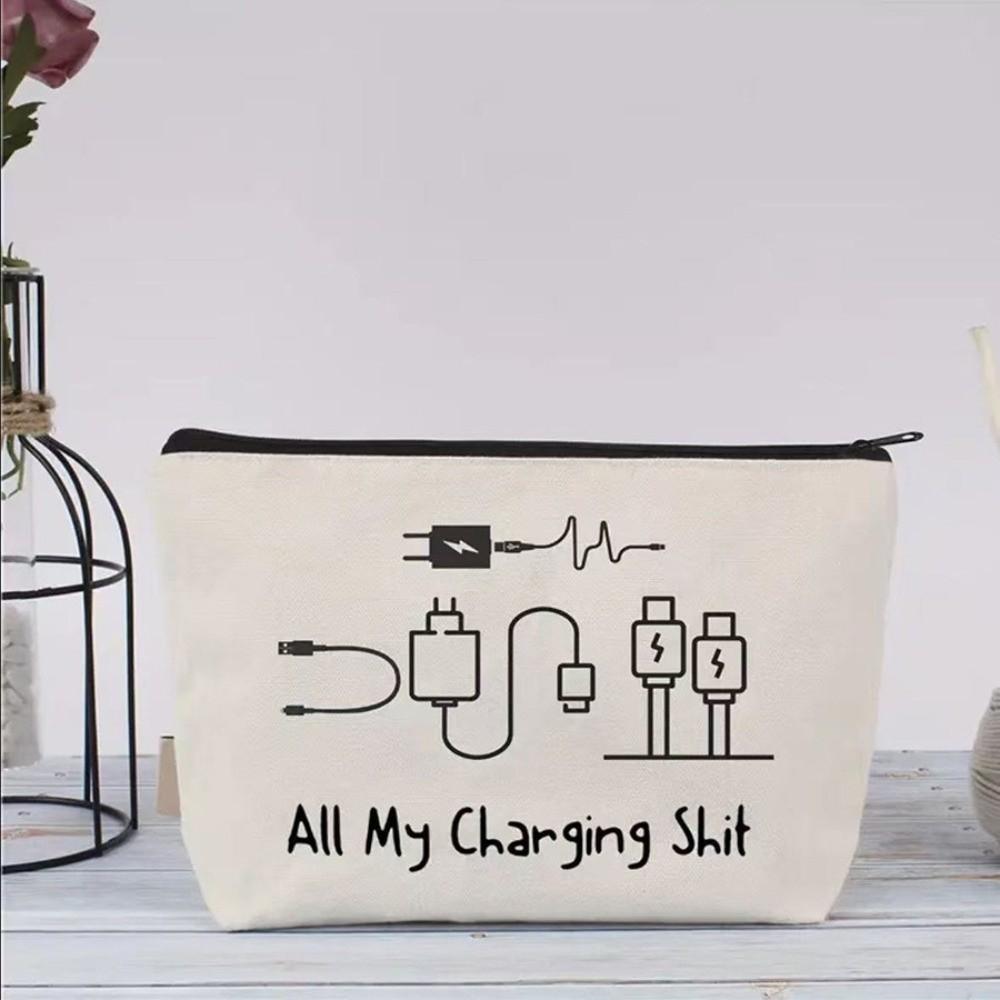 New Canvas Charger Storage Pouch Print Design Large Capacity Cable Organizer Bag Zipper Closure Electronics Bag for Office Desk
