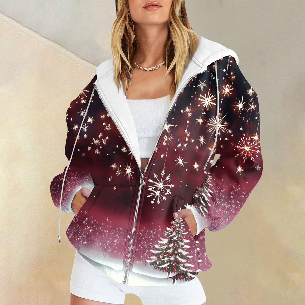 Женская мода повседневная рождественская принтовая толстовка зимняя с длинным рукавом кардиган куртка с карманом на молнии толстовка с капюшоном куртка