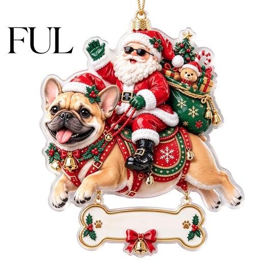 Ready to Hang Decoration Funny Dog Santa Christmas Ornament, 2D Flat Acrylic Claus Riding Decorative Gift Bag Pendant Corgi/Bulldog/Dachshund