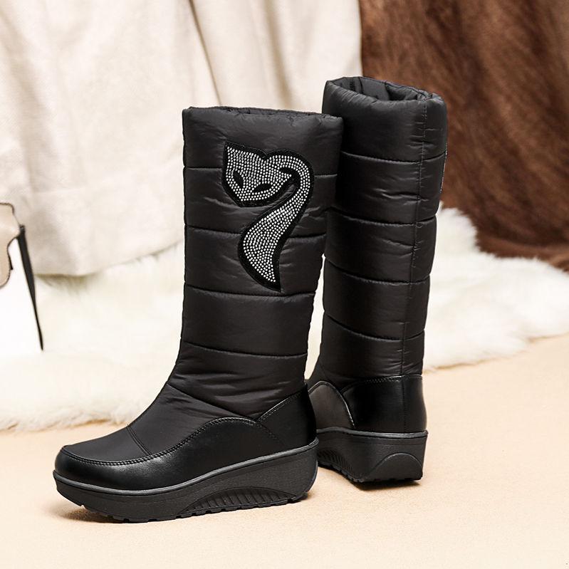 Winter Women Platform Snow Boots Crystal Fox Black Brown Down Plush Casual Travel Lady Round Toe Wedge Heels Mid-calf Boots