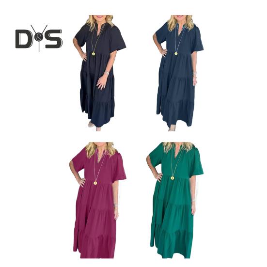 Женское платье миди с V-образным вырезом, летнее повседневное платье макси с коротким рукавом, струящееся многоярусное пляжное платье в стиле бохо для отпуска