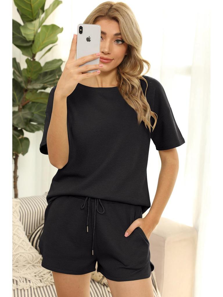 Женский повседневный трикотажный вафельный костюм-двойка 2024: Топ с коротким рукавом и шорты