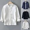 Мужская рубашка в китайском стиле, однотонная, с застежкой на пуговицах, однобортная, воротник-стойка, средняя длина, длинные рукава, свободная