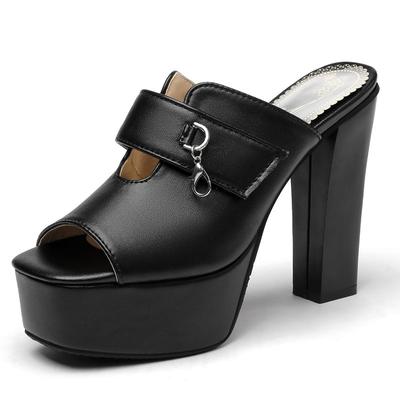 Сексуальные повседневные женские сандалии с квадратным носком, блочным высоким каблуком 12 см, платформой 4 см, мюли-слипоны, металлическая отделка, большой размер 49 50