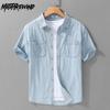 Летние модные рубашки для мужчин, повседневная повседневная рубашка из денима с коротким рукавом, простые джинсы, мужские топы с лацканами из чистого хлопка, застегивающиеся на пуговицы, молодежная рубашка