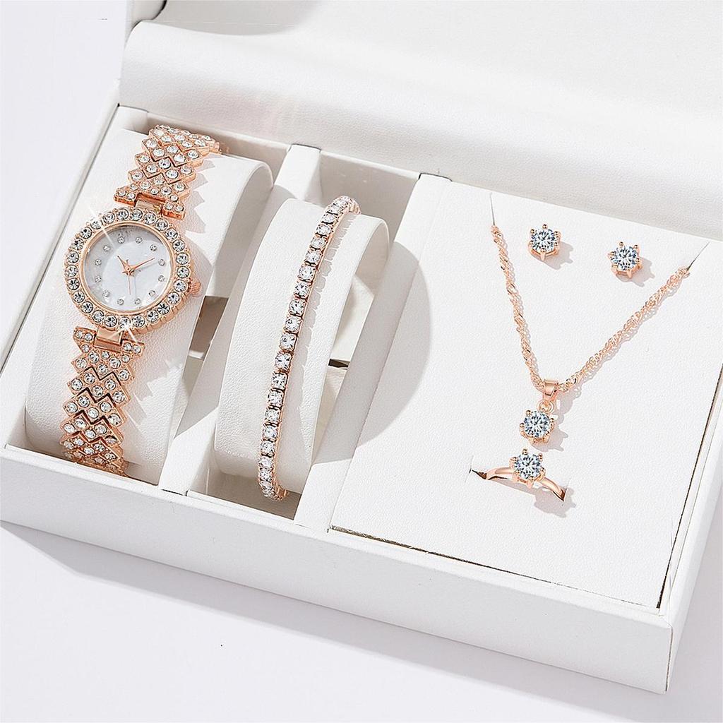 Popular Accessory Set Women's Alloy Quartz Watch Necklace Ring Combination WristWatch Luxurious 6PCS Set Fashionable Earrings Bracelet