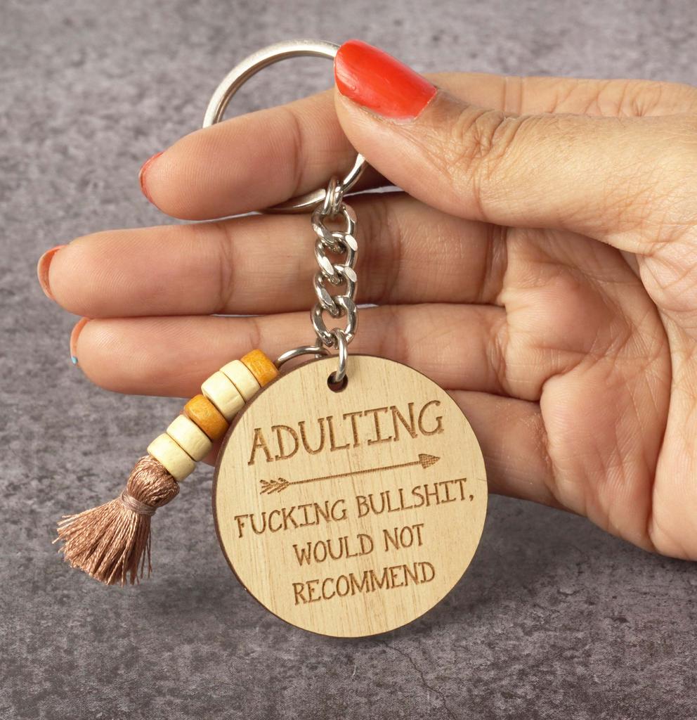 Inkdotpot Funny Keychain Adulting Not Recommend Wood Engraved Keychain Funny Adult Sarcastic Novelty