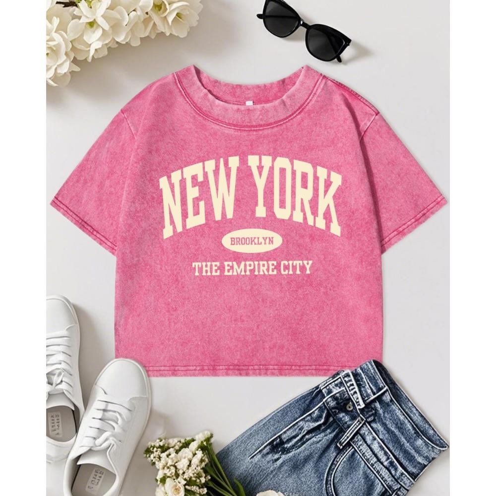 New York City Brooklyn Creative Letter Print Washed Crop T-Shirt Women Slim Tops Fitness T Shirts Cotton O-Neck T Shirt