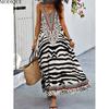 MODIQUE 2025 Summer New Women's Retro Sexy Zebra Stripe Print Backless Halter Neck Long Dress Ladies Casual A-Line Sleeveless Dress