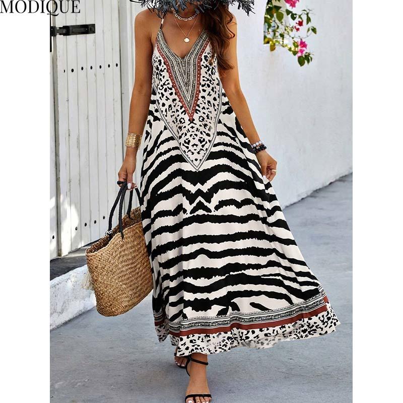 MODIQUE 2025 Summer New Women's Retro Sexy Zebra Stripe Print Backless Halter Neck Long Dress Ladies Casual A-Line Sleeveless Dress