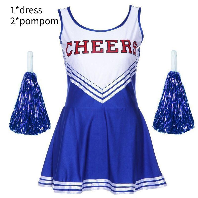 Cheerleader Fancy Dress Outfit Uniform Cosplay Costume With Pom Poms School High