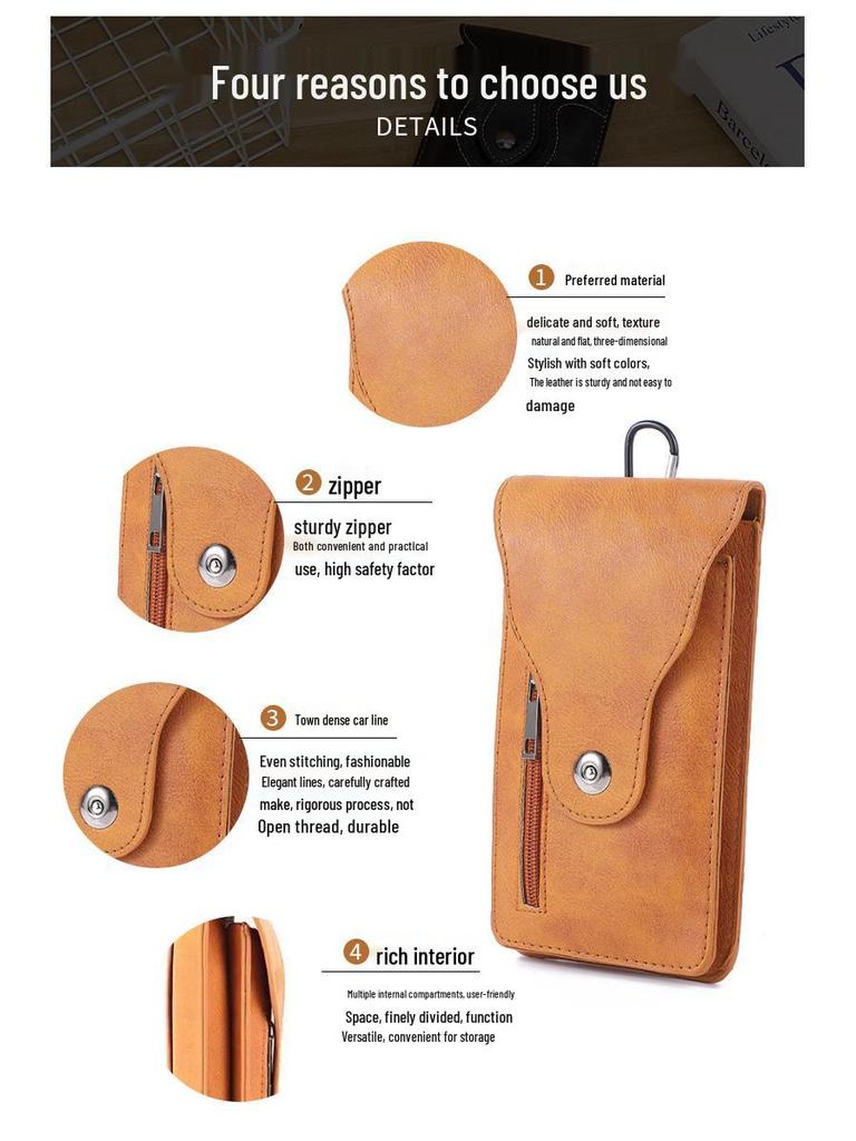 PU Leather Double Layer Mobile Phone Waist Bag for Men - Slim, Multifunctional Vertical Belt Bag for Construction Work